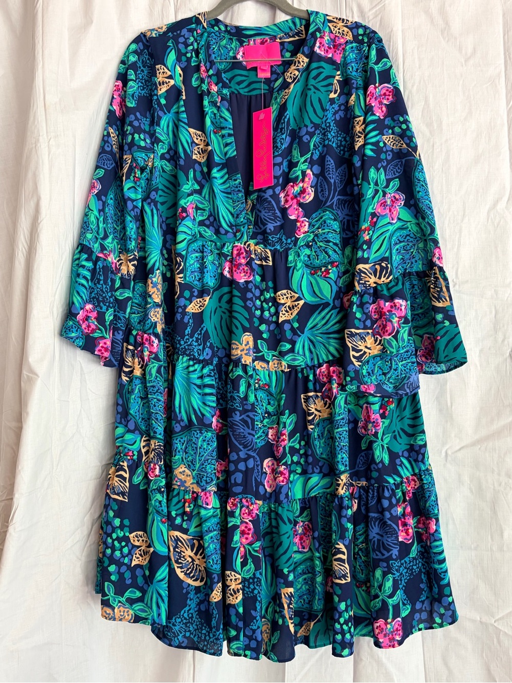 Lilly Pulitzer Navy Tropical Print โLife of the Party Tiered Midi Dress